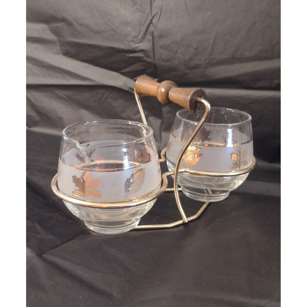 Mid Century Libbey Glass Frosted Gold Leaf Sugar & Creamer in Metal Holder
